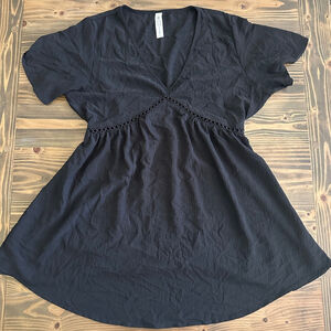 Black Crochet Waist Tunic Top XL – Boho V-Neck Pullover